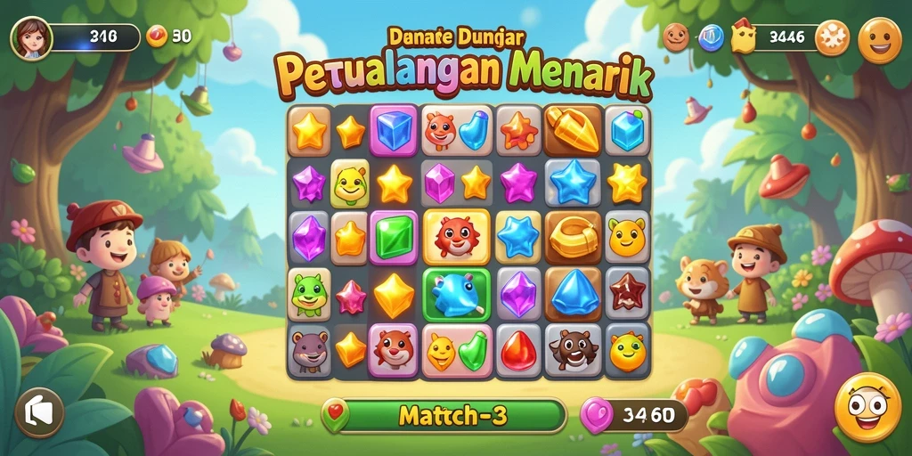 Tampilan menarik gameplay Match-3 yang penuh warna.