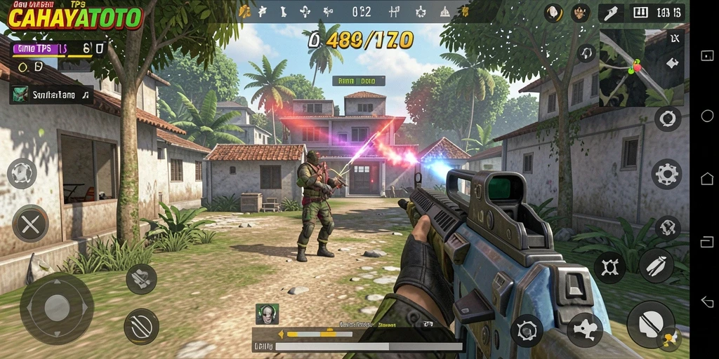 Tampilan gameplay CAHAYATOTO dengan aksi menegangkan di medan perang.