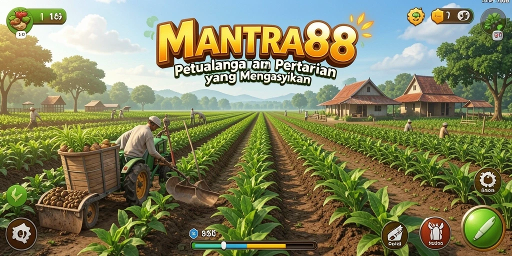 Screenshot utama MANTRA88 menunjukkan keseruan bertani dengan tanaman yang subur.